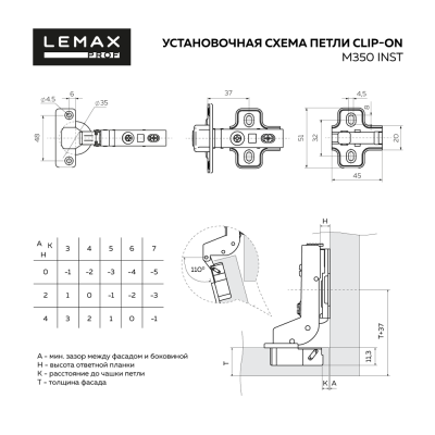 Петля вкладная, 110°, с доводчиком, clip-on, LEMAX M350-Inst, Магамакс (100шт/кор)